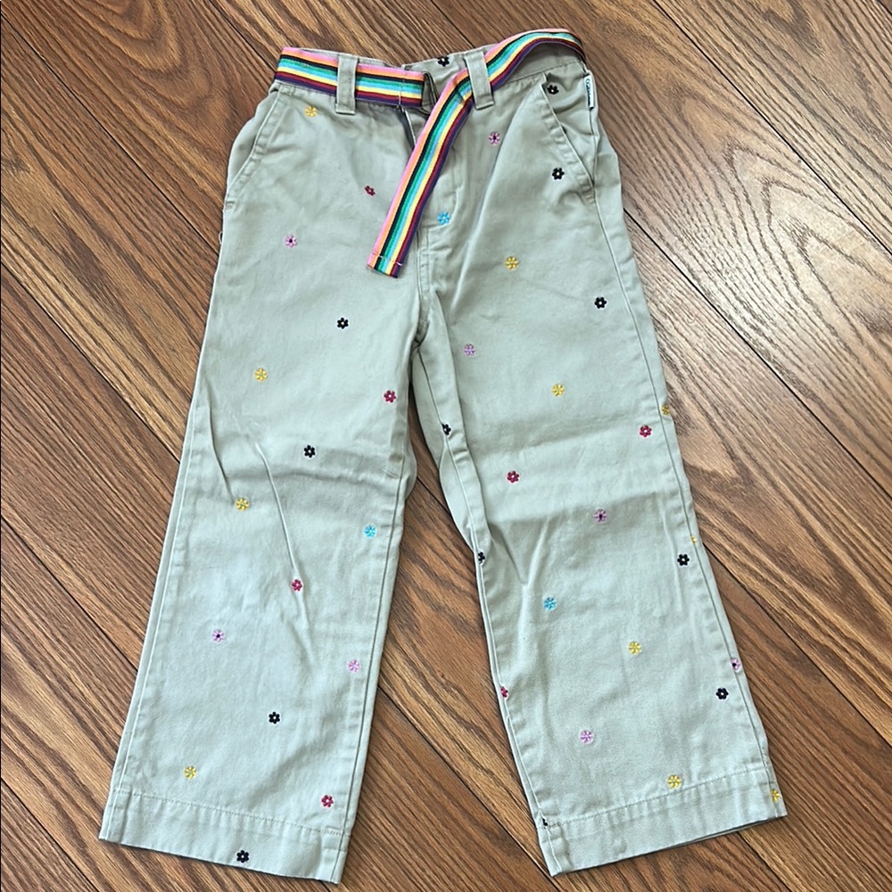 Oshkosh B’gosh Kids Embroidered Khaki Pants with Rainbow Belt, khaki cotton sz5